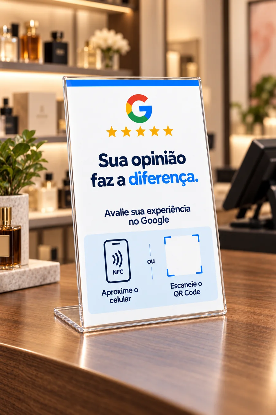 Placa de avaliação Google com NFC em um ambiente de beleza