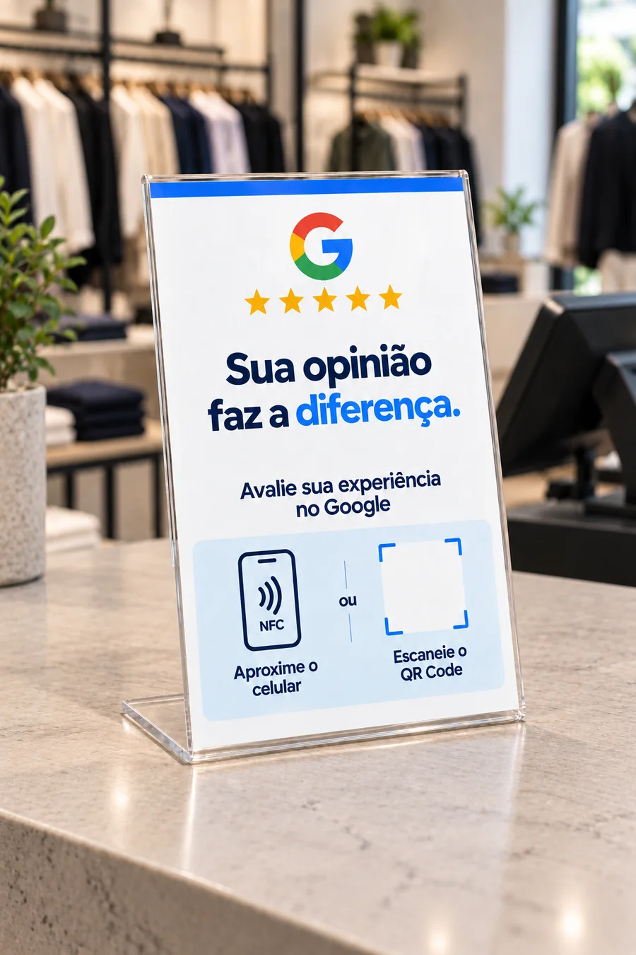 Placa de avaliação Google com NFC em uma loja de roupas